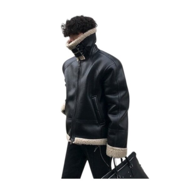 Han Ton Mens High Neck Faux Shearling Bomber Jacket Brown Size L Minimalist Warm - Picture 1 of 13